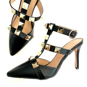 Nicole Miller black and gold studded closed toe heels